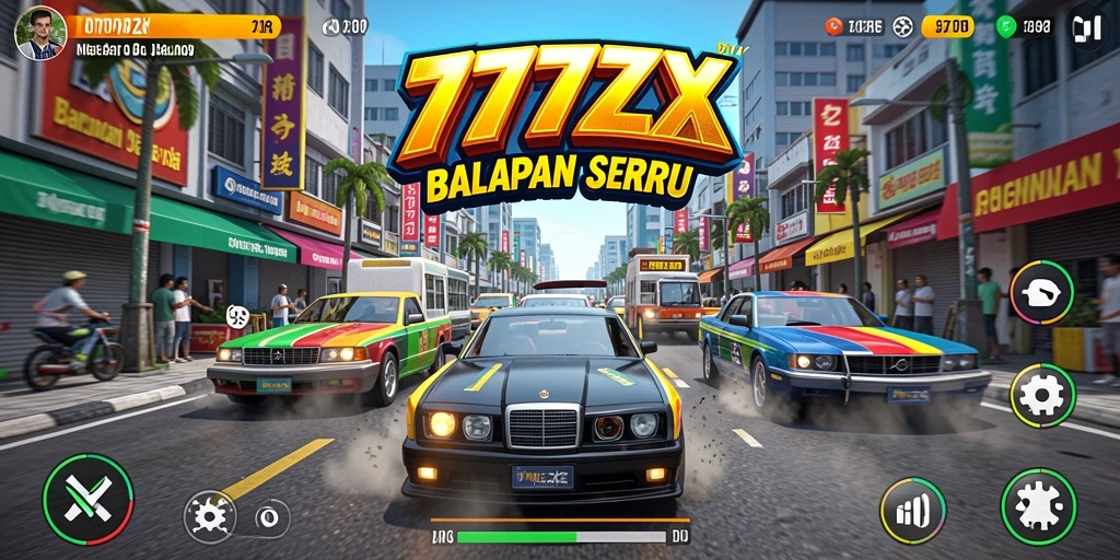 Screenshot utama 777ZX menampilkan aksi balapan yang mendebarkan di trek yang menantang.