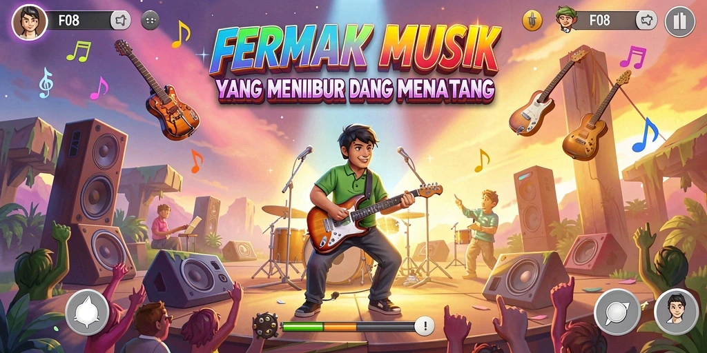 Screenshot gameplay F08 menampilkan pengalaman musik yang menyenangkan dan menantang.