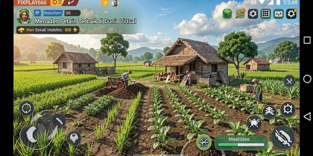 Tangkapan layar gameplay FIXPLAY666 menampilkan pertanian yang aktif dan interaksi sosial.