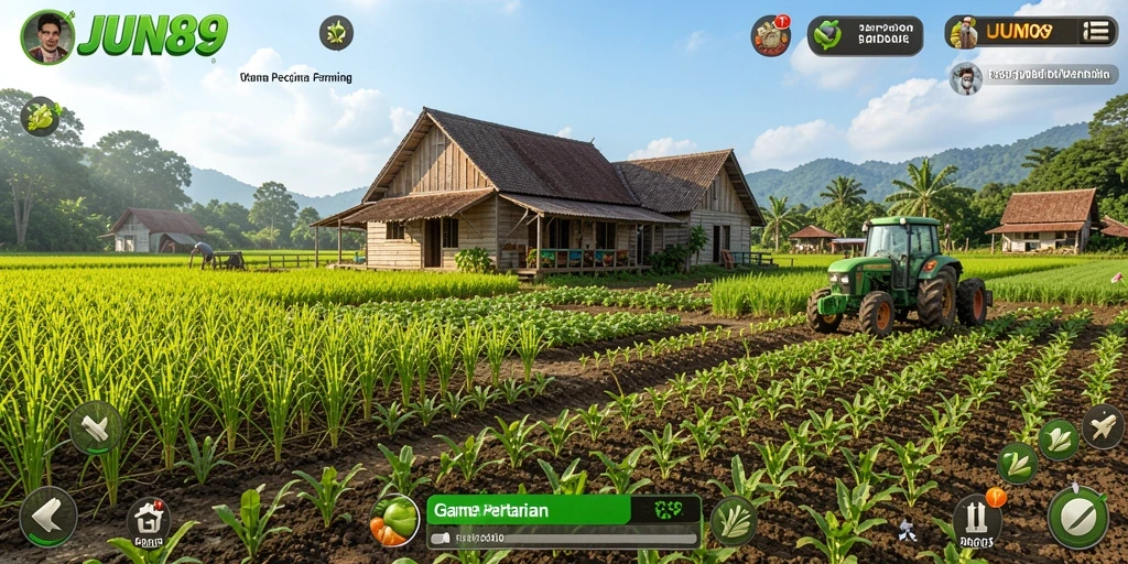 Tampilan gameplay JUN88 dengan berbagai tanaman dan hewan ternak.
