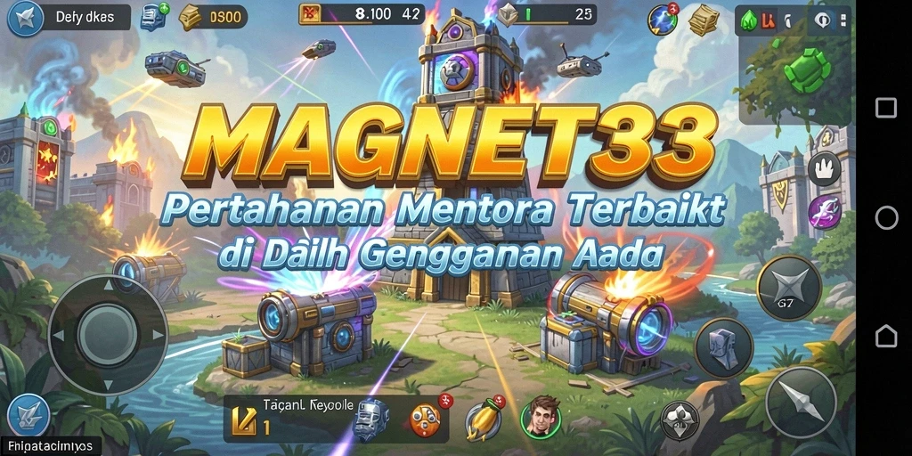 Tampilan menara dan musuh dalam gameplay Tower Defense MAGNET33.