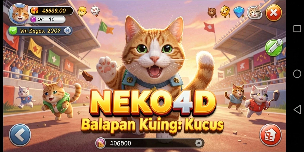 Tampilan gameplay seru NEKO4D dengan kucing lucu balapan.