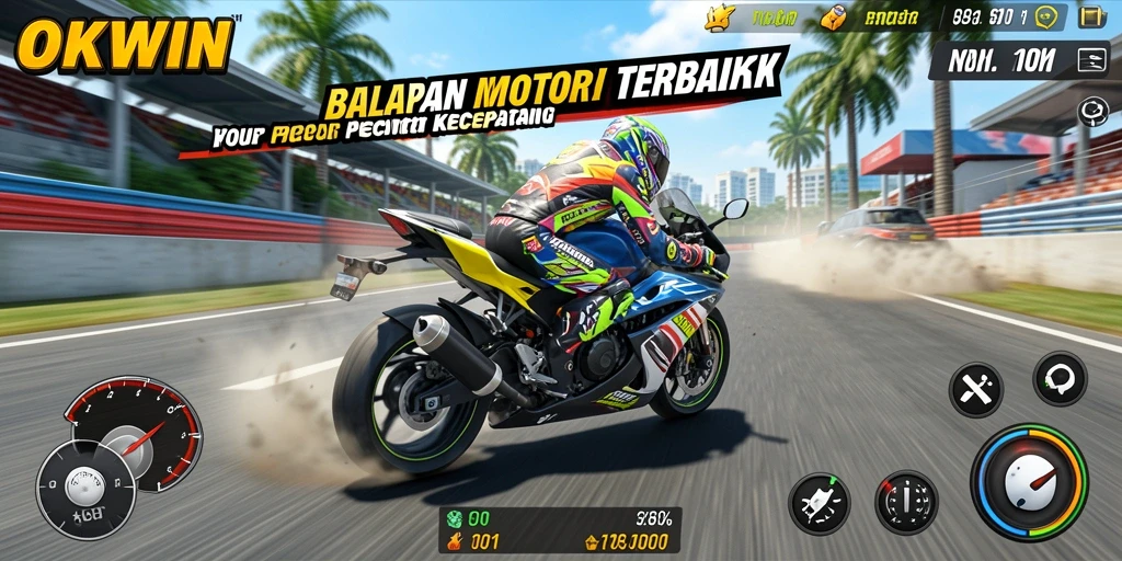 Tampilan gameplay menegangkan dalam OKWIN dengan motor balap yang cepat.