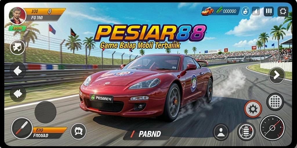 Gameplay PESIAR88 menampilkan balapan mobil yang mendebarkan.
