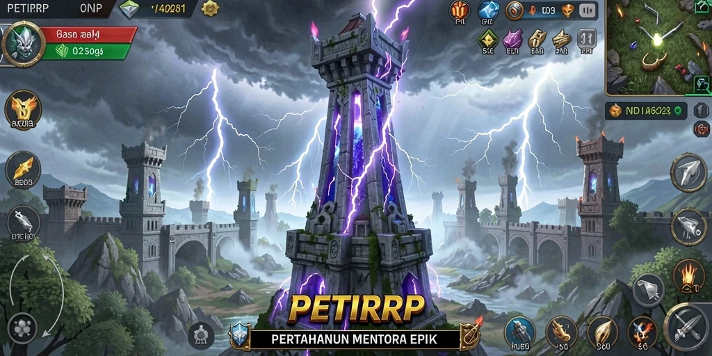 Tangkapan layar PETIRRP menampilkan pertarungan menara pertahanan yang intens.