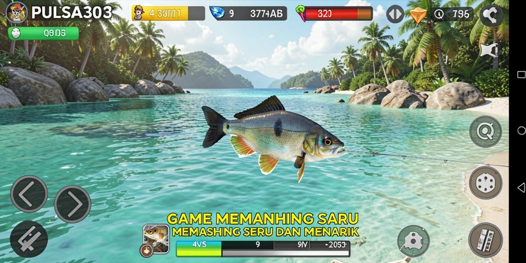Screenshot utama PULSA303 menampilkan gameplay seru saat menangkap ikan.