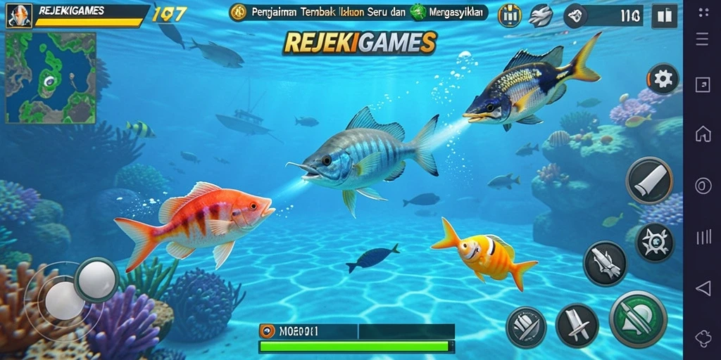 Gameplay seru Tembak Ikan dalam REJEKIGAMES dengan berbagai ikan.