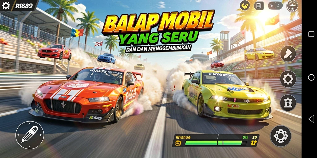 Tampilan gameplay seru dan menegangkan dari RI889 saat balapan berlangsung.