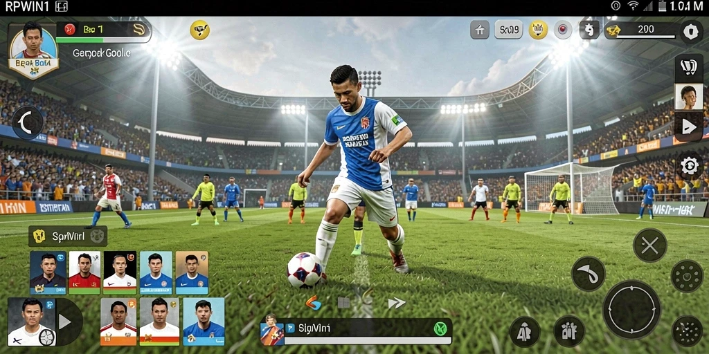 Tampilan gameplay menarik dari RPWIN1 dengan aksi sepak bola yang seru.