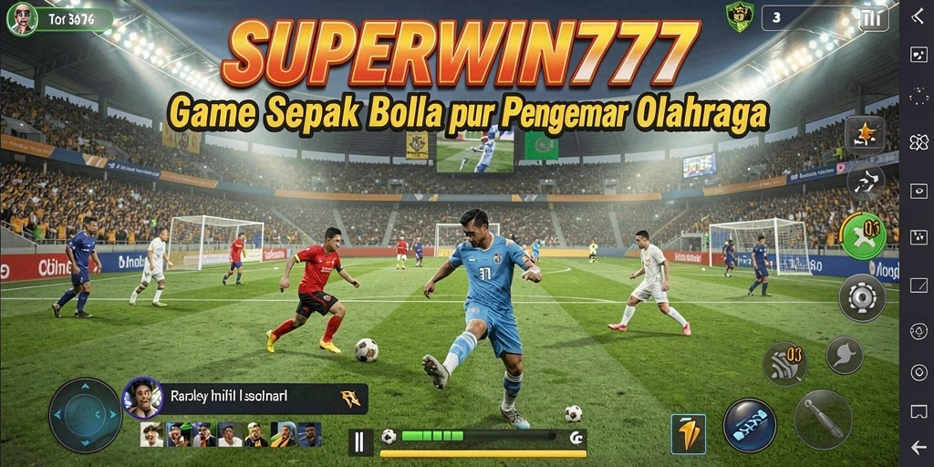 Tampilan grafis <strong>SUPERWIN777</strong> saat pertandingan sepak bola yang mendebarkan.
